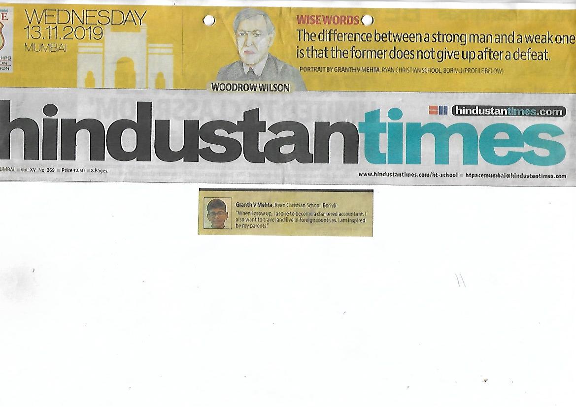 Granth Mehta (Woodrow Wilson) Portrait was featured in Hindustan Times Date: 13th November 2019